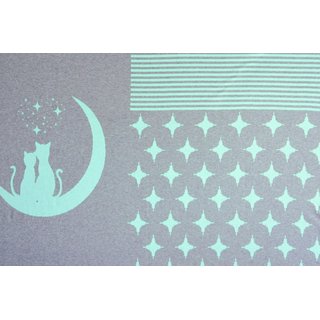 Jacquard Panel Katzen auf dem Mond grau/türkis