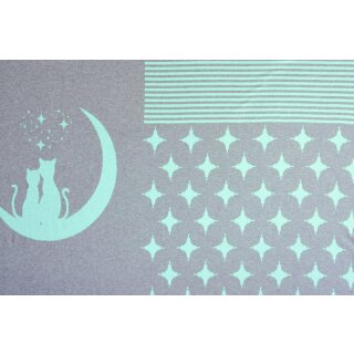 Jacquard Panel Katzen auf dem Mond grau/türkis