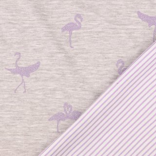 Baumwoll Doubleface Jersey Stoff Glitzer Flamingos Streifen lila